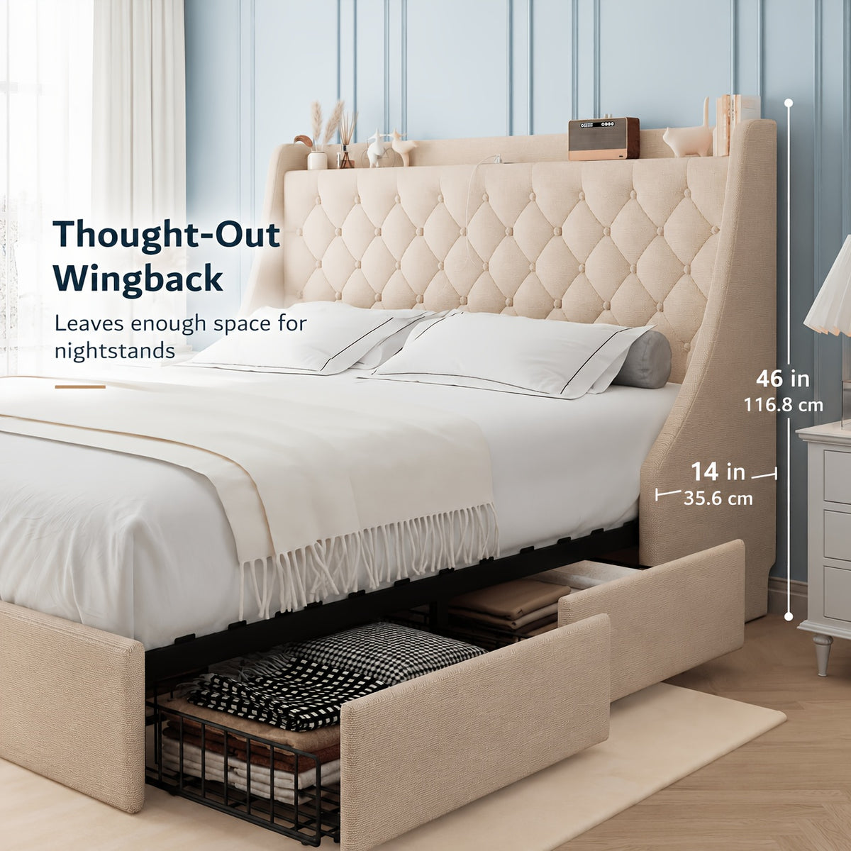 Bed Frame with Charging Station, Linen Fabric Storage Headboard, Storage Drawers on Both Sides, Solid Wood Slats Support