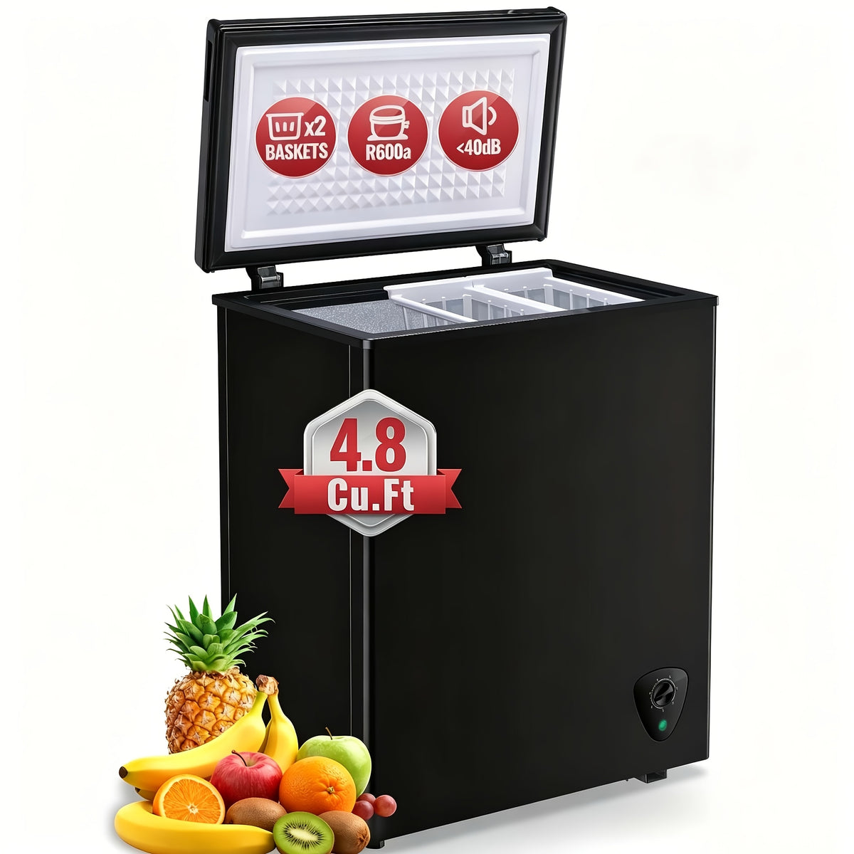 4.8 Cu.Ft Chest Freezer - Compact And Quiet Mini Freezer with Adjustable Thermostat And Two Removable Baskets - Small Deep Freezer for Home, Apartment, And Garage