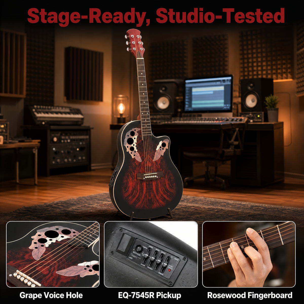 [Ideal Gift] 41-Inch Full-Size Guitar With Grape-Shaped Soundhole, Spruce Top, And Mahogany Fingerboard - Sunset Red Finish, Enhanced Tone And Playability, Suitable For All Music Styles, Ideal For Beginners And Guitarists. The Perfect Gift