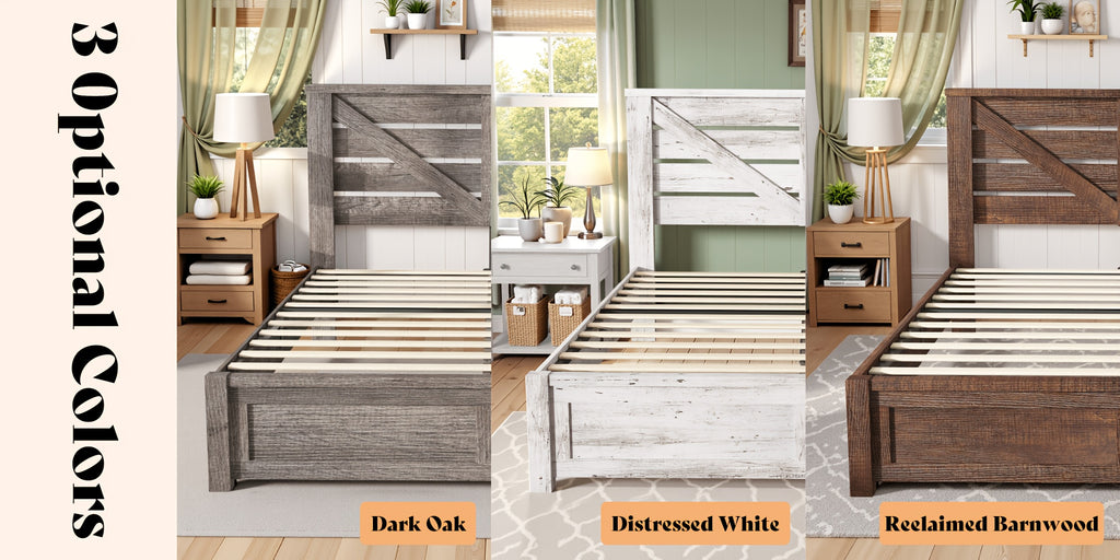 Farmhouse Bed Frame with 49.2" Barn Door Headboard, Platform Bed Frame with Wood Slat, Under Bed Storage Space, Easy Assembly, Noise-Free