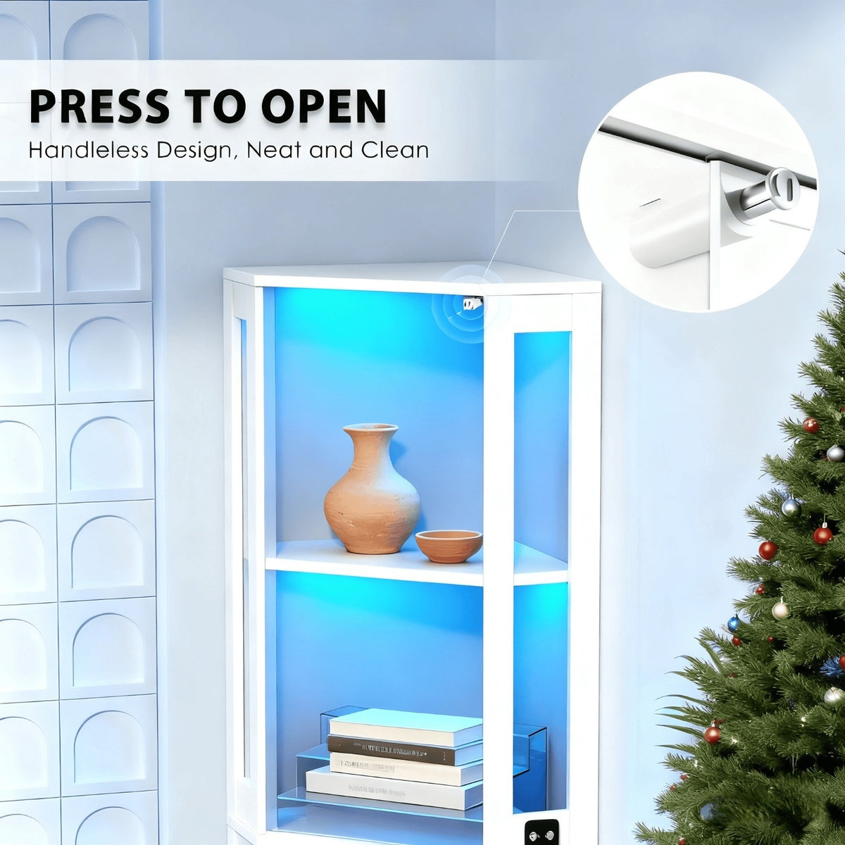 Office Bookshelf with Corner, 4-layer Glass Storage Display Cabinet, with Three LEDs and Human Body Sensor, Can Store Figures, Books, Documents, Medals, Suitable for Living Room, Bedroom, Office