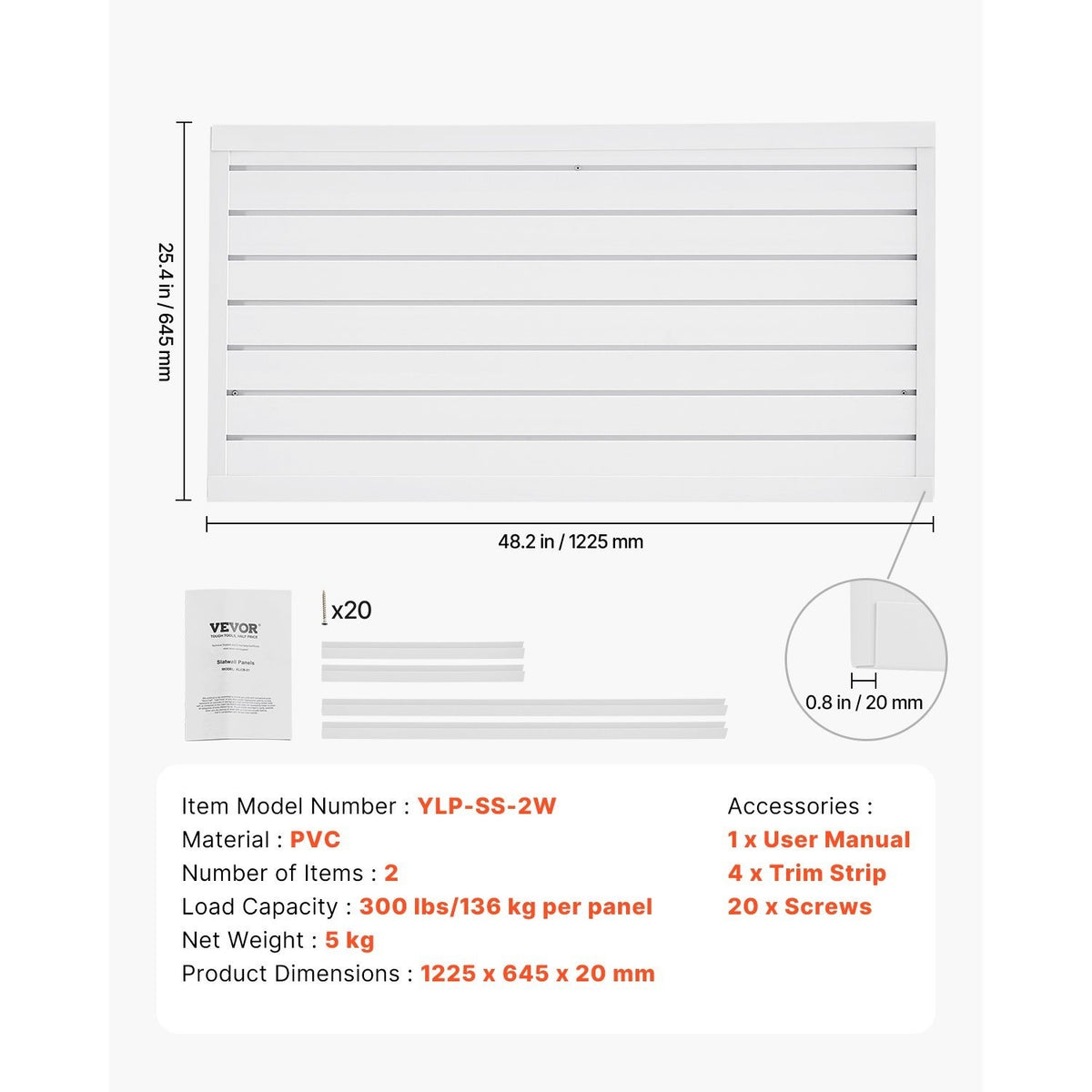 VEVOR 2 x 4 ft / 4 x 4 ft / 8 x 4 ft Slat Wall Paneling PVC White Garage Slatwall with Modular Design White/Grey/Black