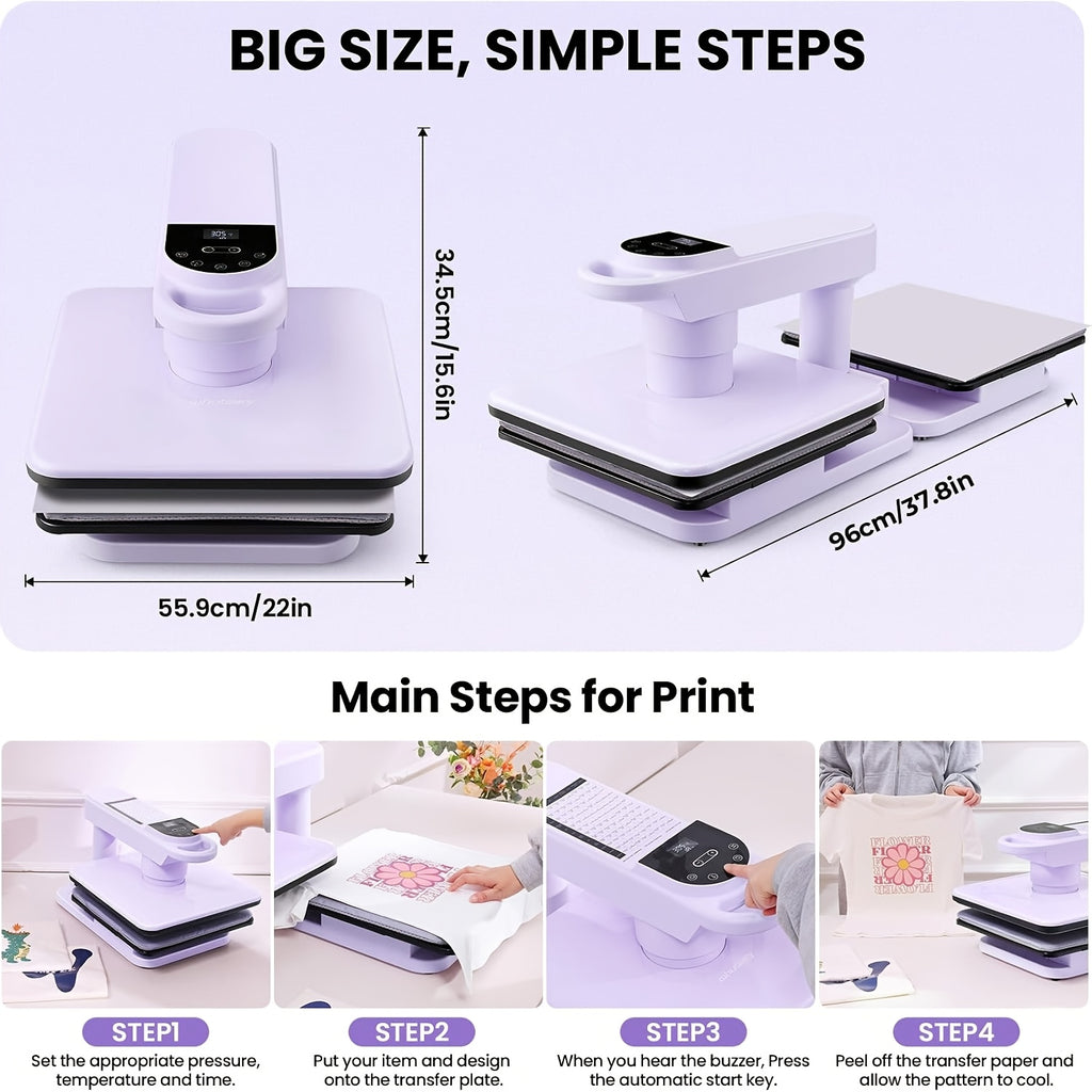 15X15" Car Heat Press Machine for T-Shirts, Large Digital Control Heat Transfer Machine for T-Shirts, 360° Swing Away Heat Press with Auto Release, Fast