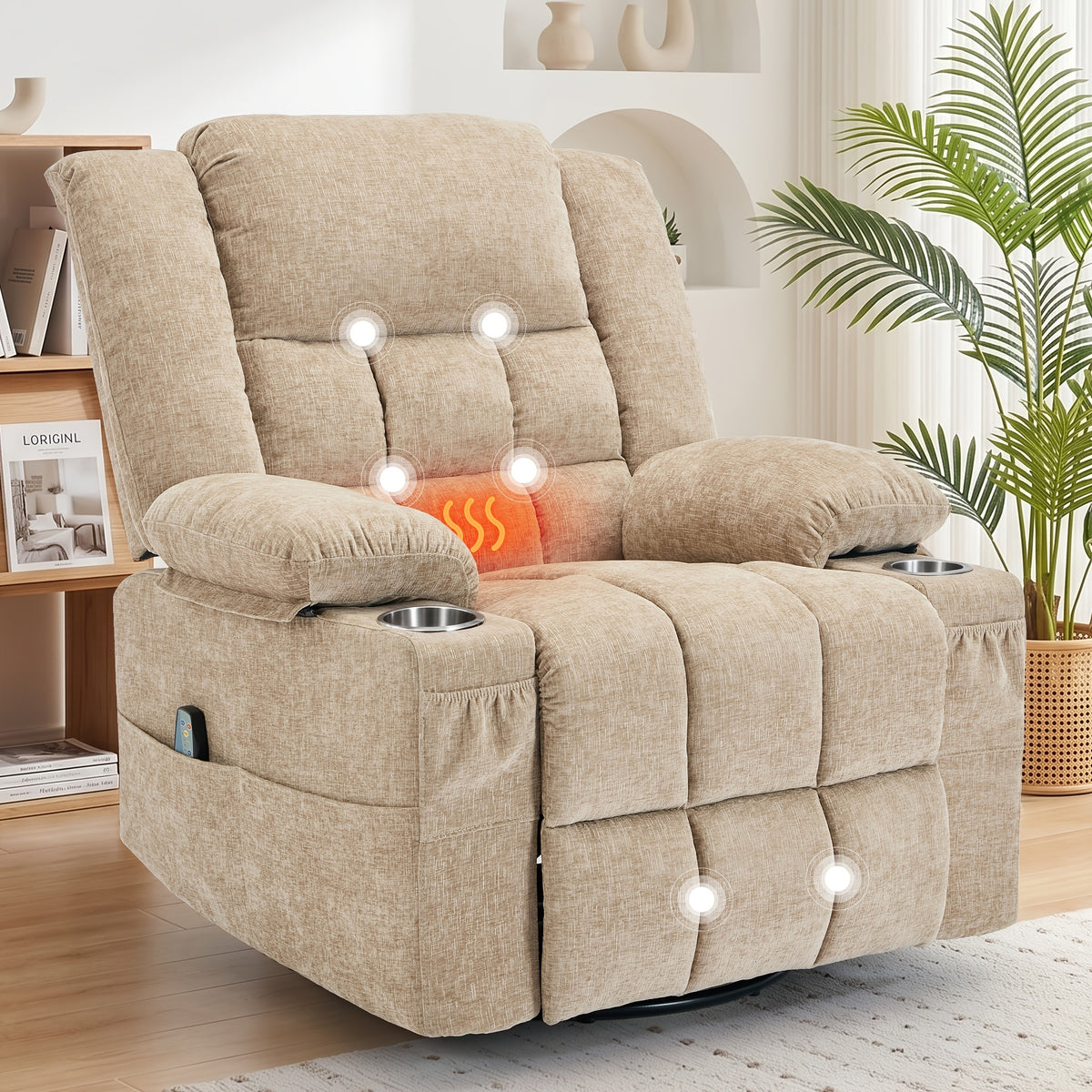 Personal Care Home Massage Chair, 360° Rotation Of Massage Heating Function Comfortable Recliner Chair, Manual Adjustable Angle Leisure Rocking Chair, Massage Sofa Chair with Side Pockets And Front Pockets, with Built-in Cup Holders And Thickened