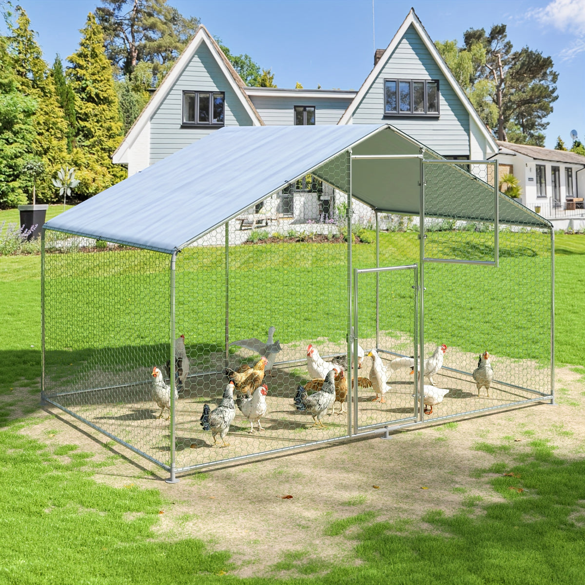 Polar Aurora Metal Chicken Coop, Large Outdoor Chicken Pen, Walk-In Chicken Run for 6-20 Chickens, Double Door Chicken House with UV Protection Cover for Backyard