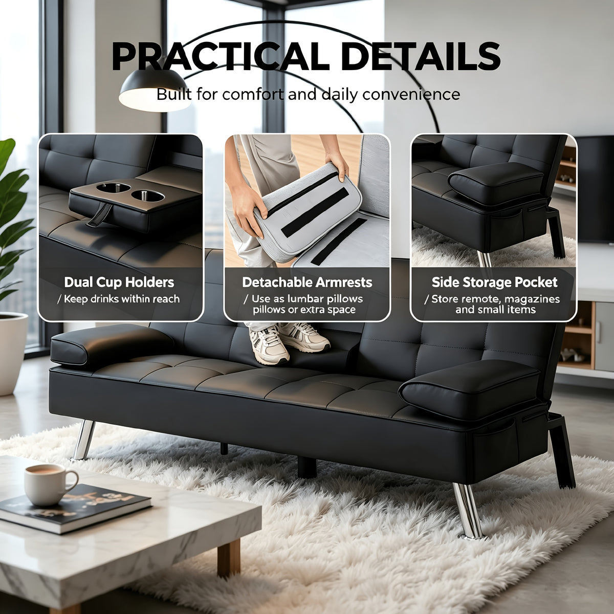 67" Convertible Futon Sofa Bed, 2 Thickness Seat Cushion, Adjustable Folding Couch with Detachable Armrest & Cup Holders, Heavy Duty 700 LBS Metal Frame, Multifunctional Sleeper Sofa for Living Room Bedroom Apartment Dorm