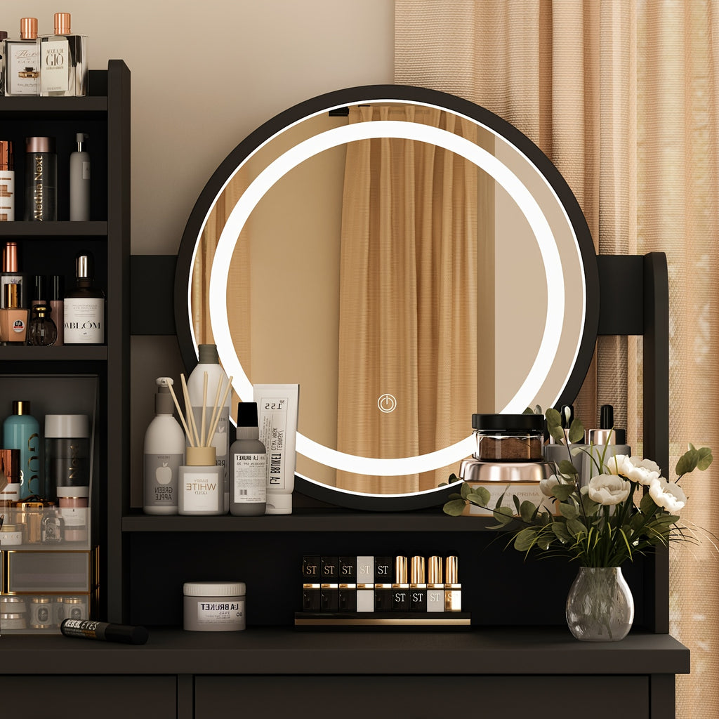 Unique Black Dressing Table Set, With LED Light Mirror, Open Storage Shelves And Stool, Modern Bedroom Dressing Table, Black