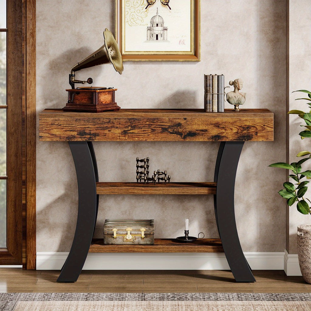 41" Rustic Brown 3-Tier Console Table with Curved Frame & Storage Shelves - Heavy-Duty Engineered Wood Construction, 3-Tier Design, Sturdy Base