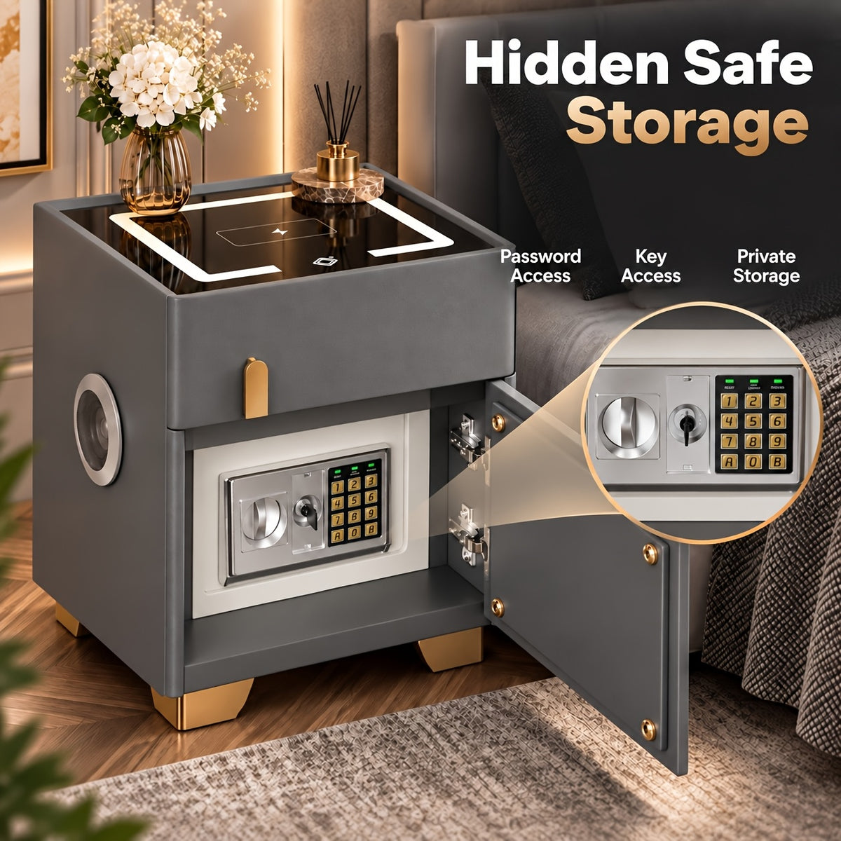 Light Luxury High-end Modern Double Drawer Safe Bedside Table, Multifunctional Bedside Table with Password Lock for Storing Valuable Items
