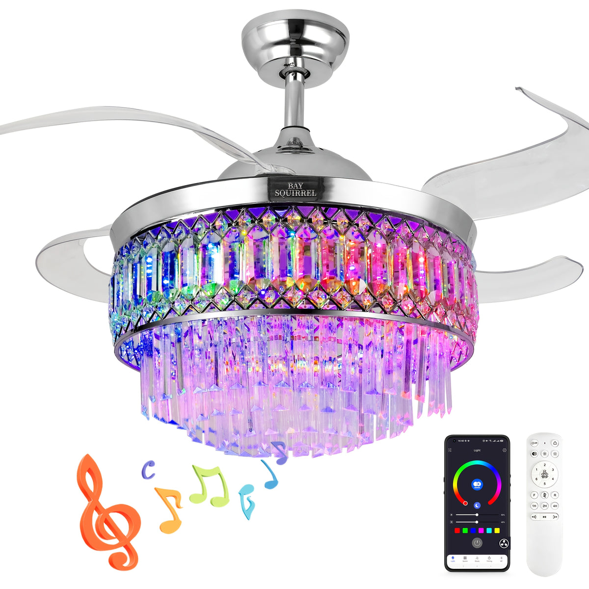 [Smart Ceiling Fan Light] 42" Smart Ceiling Fan Light With RGB Color Changing,, 6-Speed Motor & Dimmable Light Suitable For Bedroom, Living Room, Dining Room, Crystal Chandelier, Memory Function, Voltage Compatible (No Included)