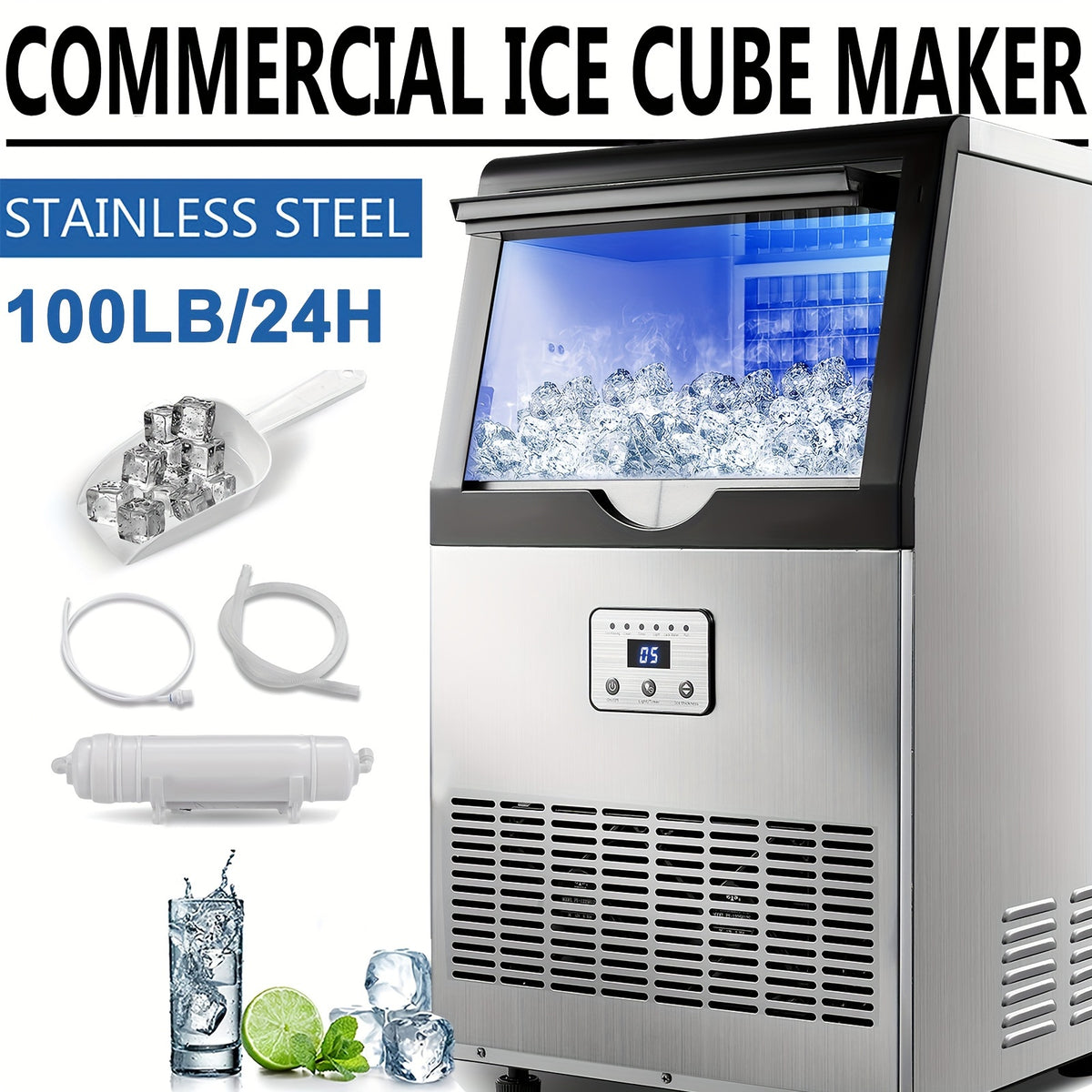 Commercial Ice Maker Machine 100LBS/24H with 13LBS Storage Bin, Freestanding/Under Counter Ice Machine for Home/Party/Bar/Restaurant, Include Water Filter, Scoop, Connection Hose
