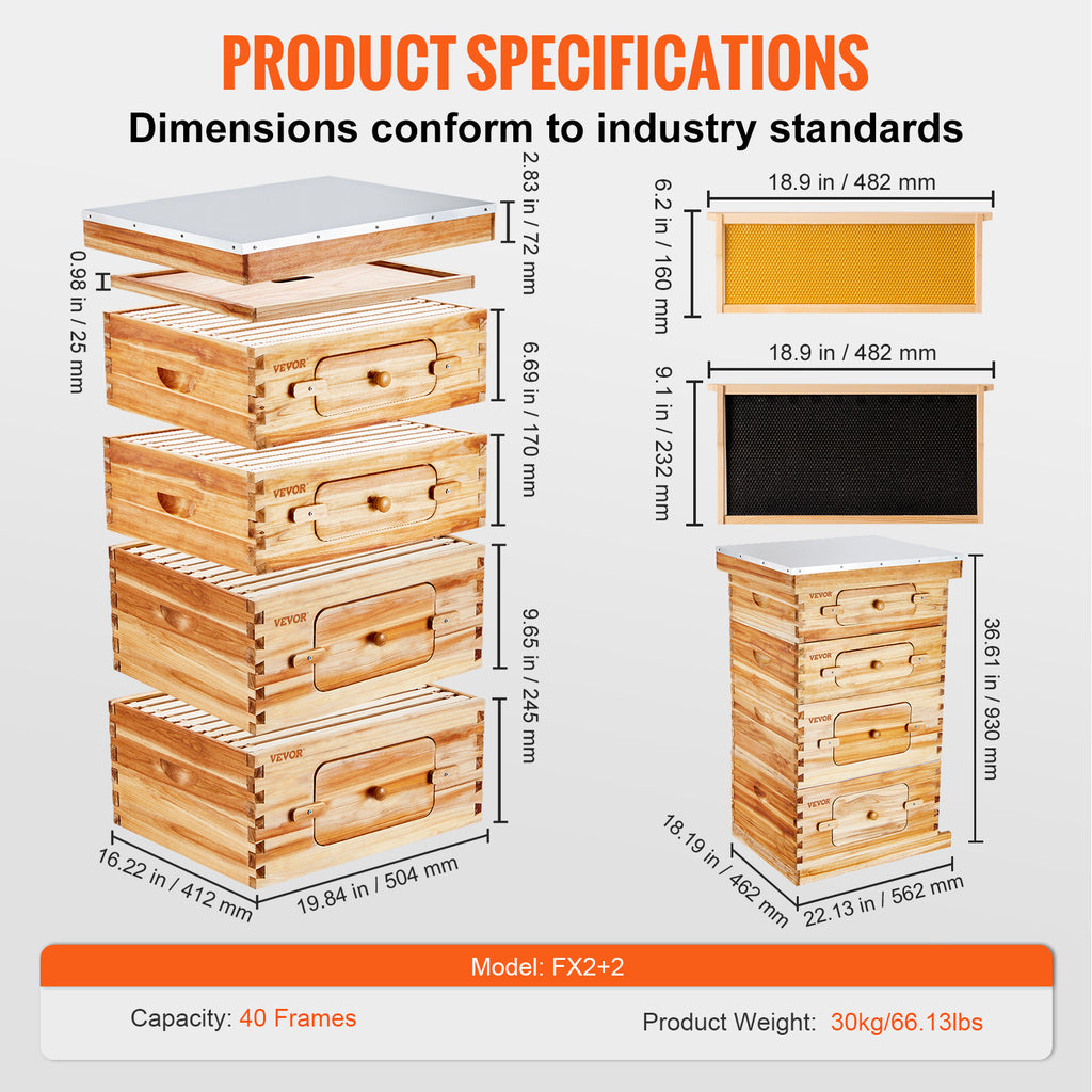 VEVOR Bee Hive 30 Frame / 40 Frame Bee Hives Starter Kit, Beeswax Coated Fir Wood, 2 Deep + 1 Medium / 2 Deep + 2 Medium Bee Boxes Langstroth Beehive Kit, Transparent Acrylic Windows with Foundations for Beginners Pro Beekeepers