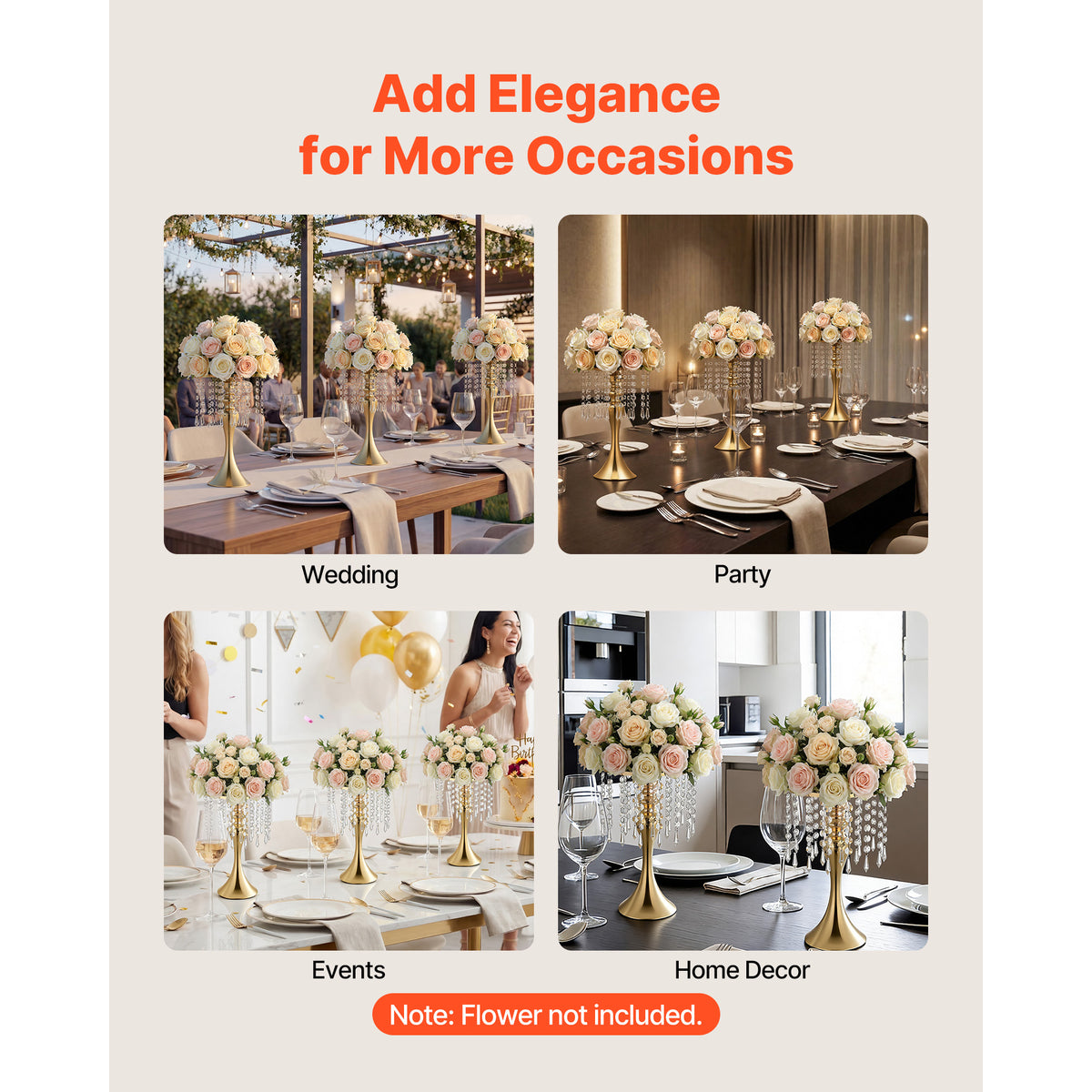 VEVOR 20 PCS Wedding Flower Vase, 13.4 in Tall Flower Table Centerpieces, Crystal Banquet Vases Easy Installation, Electroplated Finish, Versatile Arrangement Stand for Party Events Home Decor, Gold