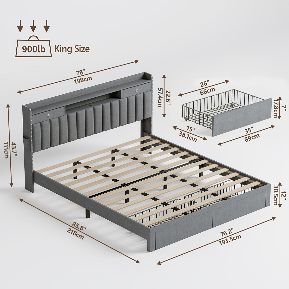 MRAEER Furniture Offers a Tri-Color Upholstered Bed Frame Available in Full, Queen, And King Sizes, Featuring Four Drawers And a Charging Station. Mattress Not Included, Operates Silently, And Does Not Require a Box Spring