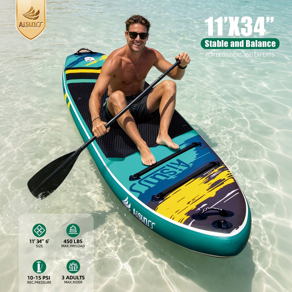 11' Inflatable Paddle Board for Adults, 34'' Extra Wide Stand Up Paddle Board with EVA Deck, Double Action Pump & Removable Fin, SUP Board 450Lb Capacity for Surf/Yoga/Family