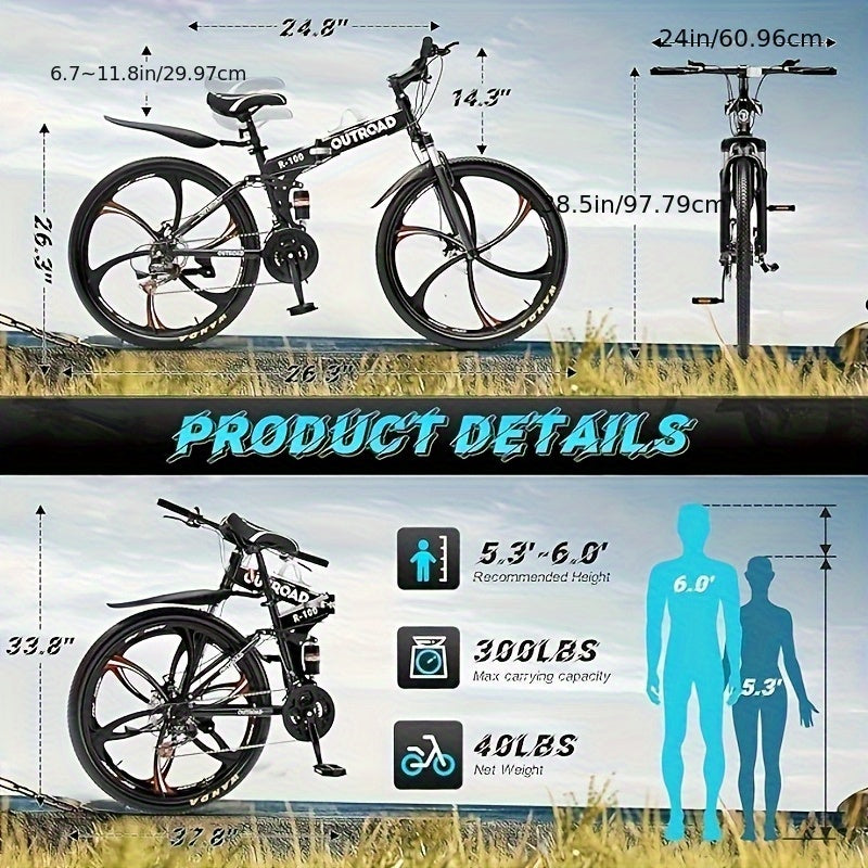 26 Inch Mountain Bike, 21 Speeds Full Suspension Folding Bikes, Dual Disc Brake, High Carbon Steel Frame And Non-Slip Quick Release Tire Bicycle for Adult