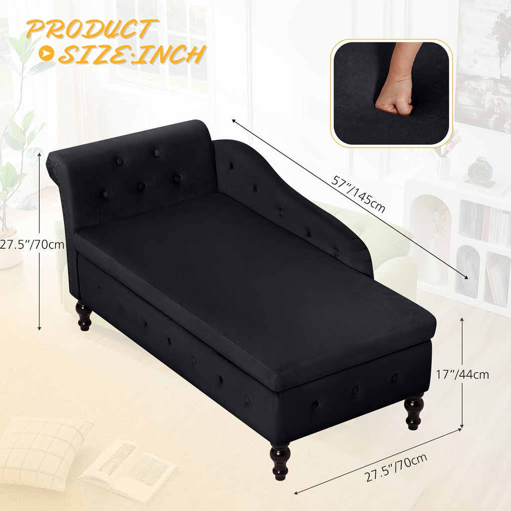 ACMEASE Classic Nailhead Trim Velvet Storage Chaise Lounge 57", Upholstered Chaise Sofa With Pillow & Turned Wood Legs For Living Room Decor