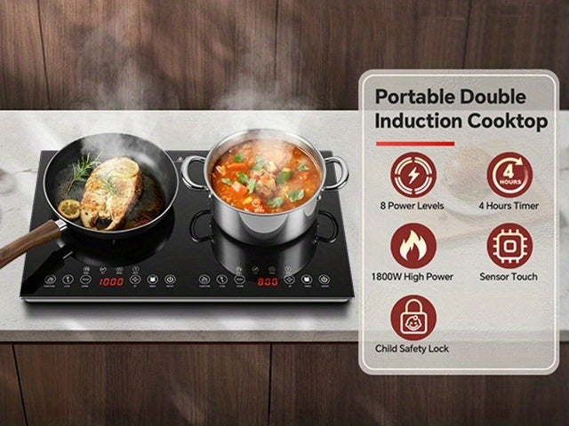 Portable Induction Cooktop 2 Burners, 1800W Double Induction Cooker with 8 Power Settings, 4 Pre-Set Modes, Ultra Thin Design, Sensor Touch Control, Child Safety Lock & Timer, Kitchen Electric Cooktop