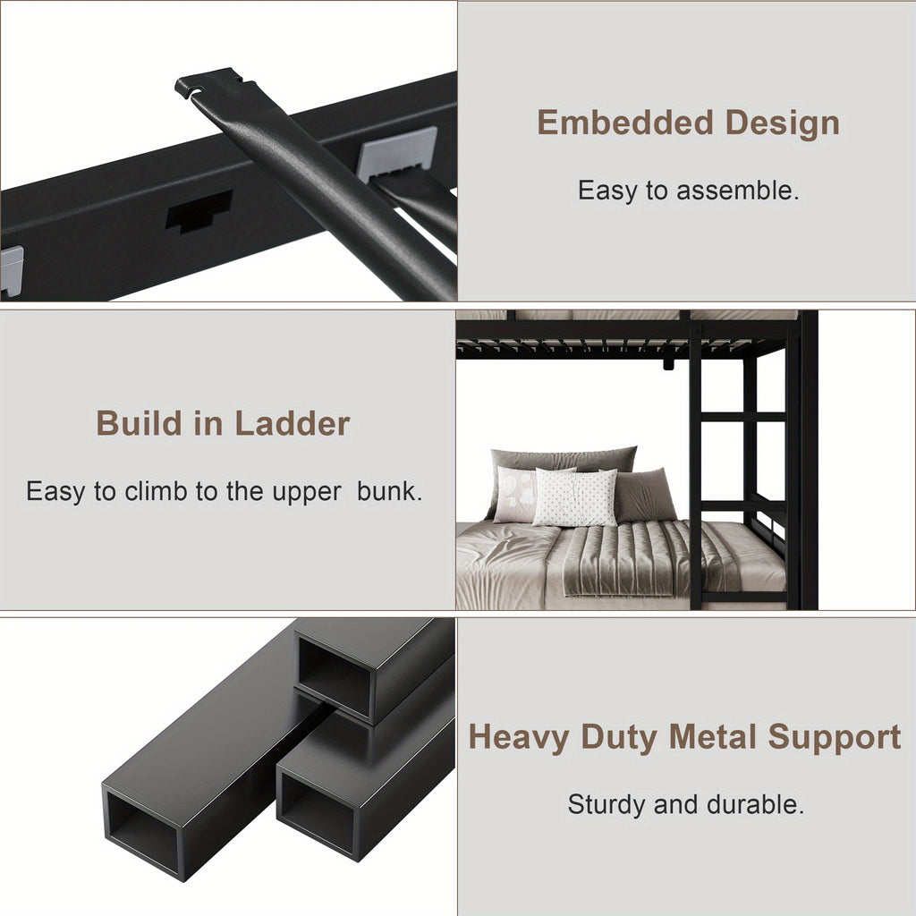77.5"L Heavy Duty Metal Bed Frame, Twin Over Twin Or Full Over Twin Bunk Bed with Full Length Guardrails And Ladder, Black/Rustic Brown/White Options, Easy Assembly, Suitable for Shared Bedrooms, Bed Frame Without Mattress
