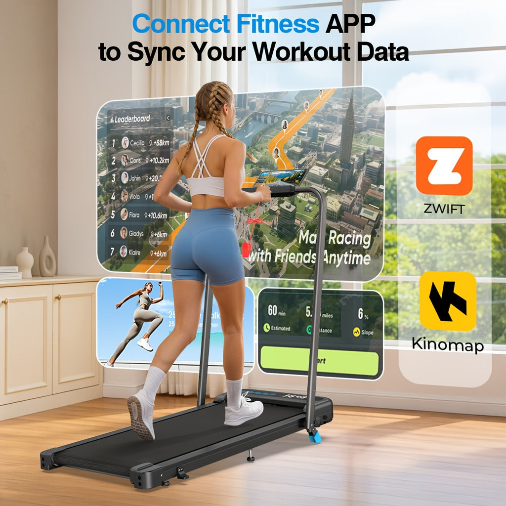 Folding Walking Pad Treadmill with Handle Bar, Low Noise Walking Pad Treadmill for Home Small, 3.0 HP Quiet Walking Pad Treadmill with 350 LBS Capacity, 0.6-6.2MPH, Remote & LED Display, with ZWIFT/KINOMAP APP