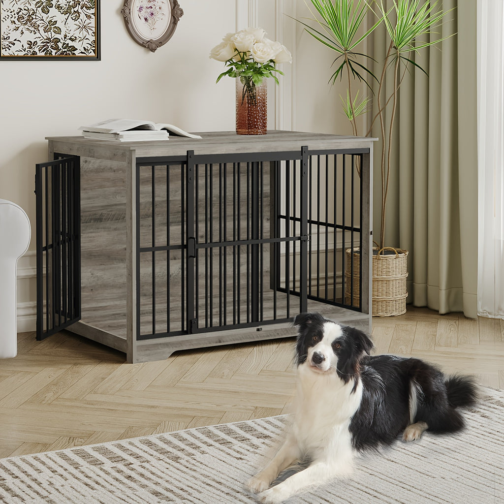 XL Large Dog Crate Furniture, 44.1" Indoor Dog Kennel Furniture with Barn Door, Wooden Tall Dog Crate, Heavy Duty Dog Cage for Large Dogs, Side End Table, Anti-Chew, Rustic Brown, Black, Greige Black, White Brown