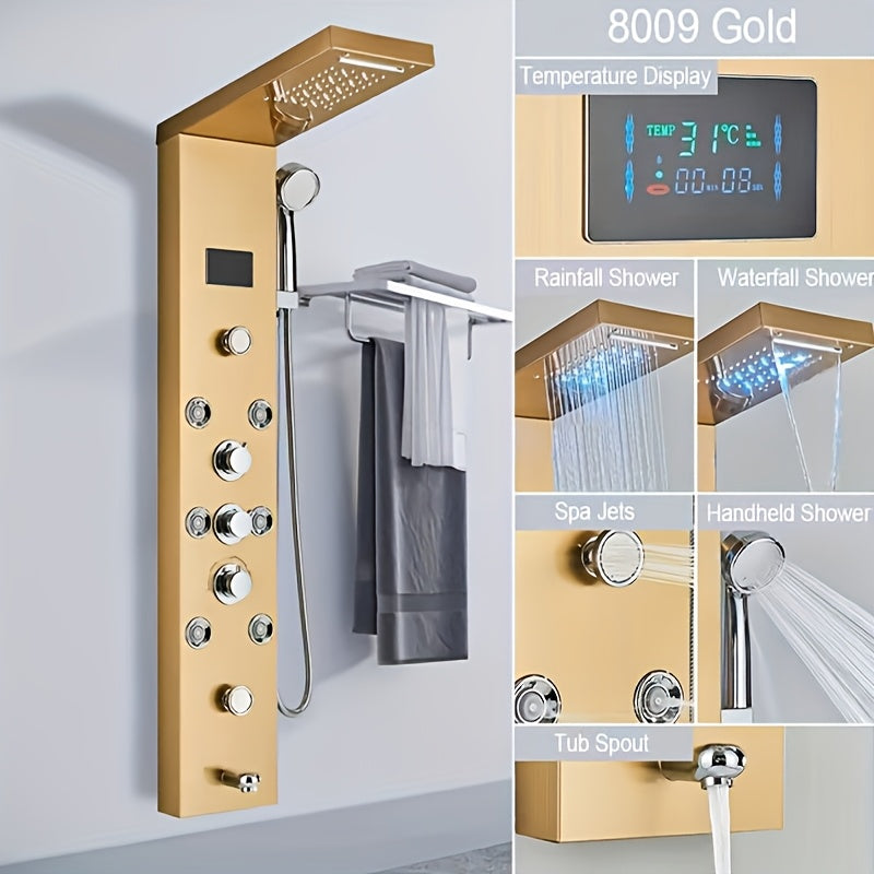 [Shower Panel Tower System] Shower Panel Tower System, Stainless Steel 6-Function Faucet LED Rainfall Waterfall Shower Head Handheld Sprayer Rain Massage Body Jets Tub Spout, Brushed Nickel, Shower System, Bathroom Decor And Accessories