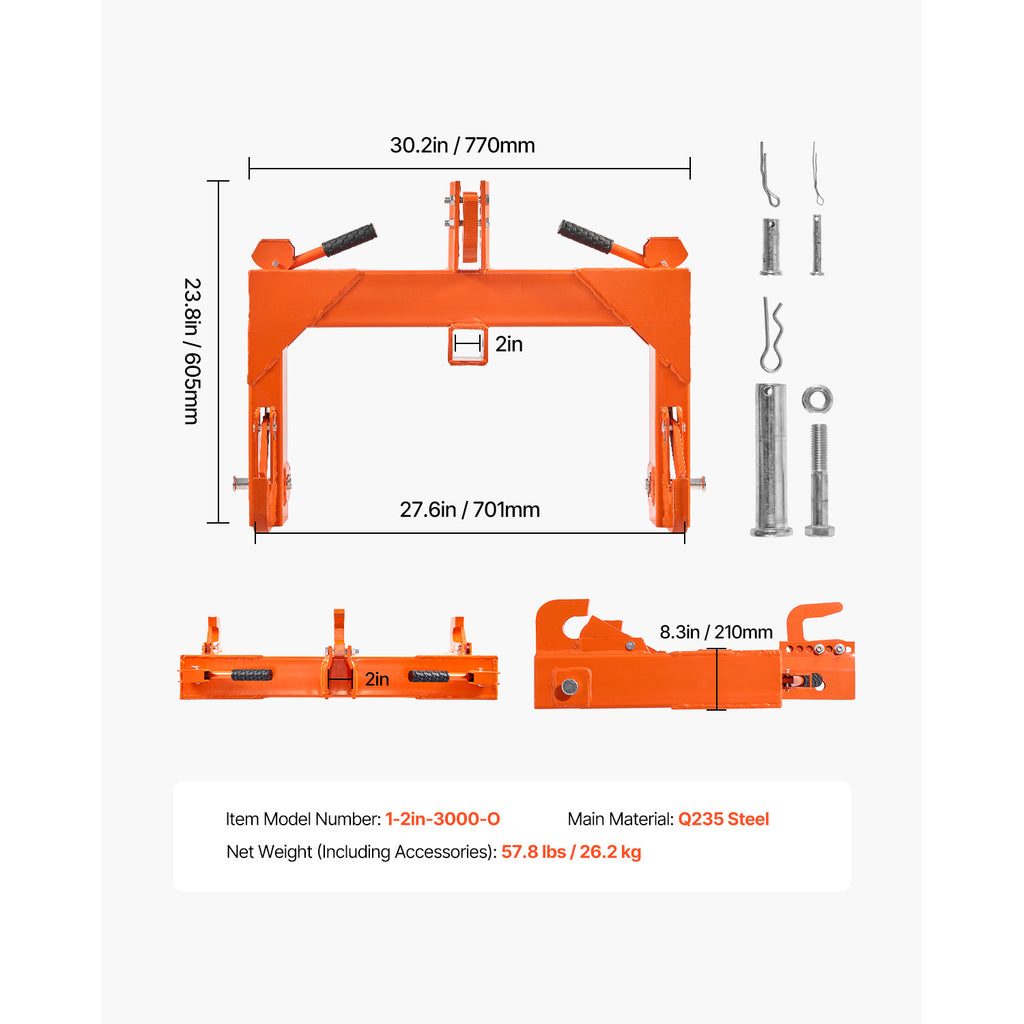 3-Point Quick Hitch with 2" Receiver Category 1 & 2 Tractor Hitch 3000lb Black/Orange/Green