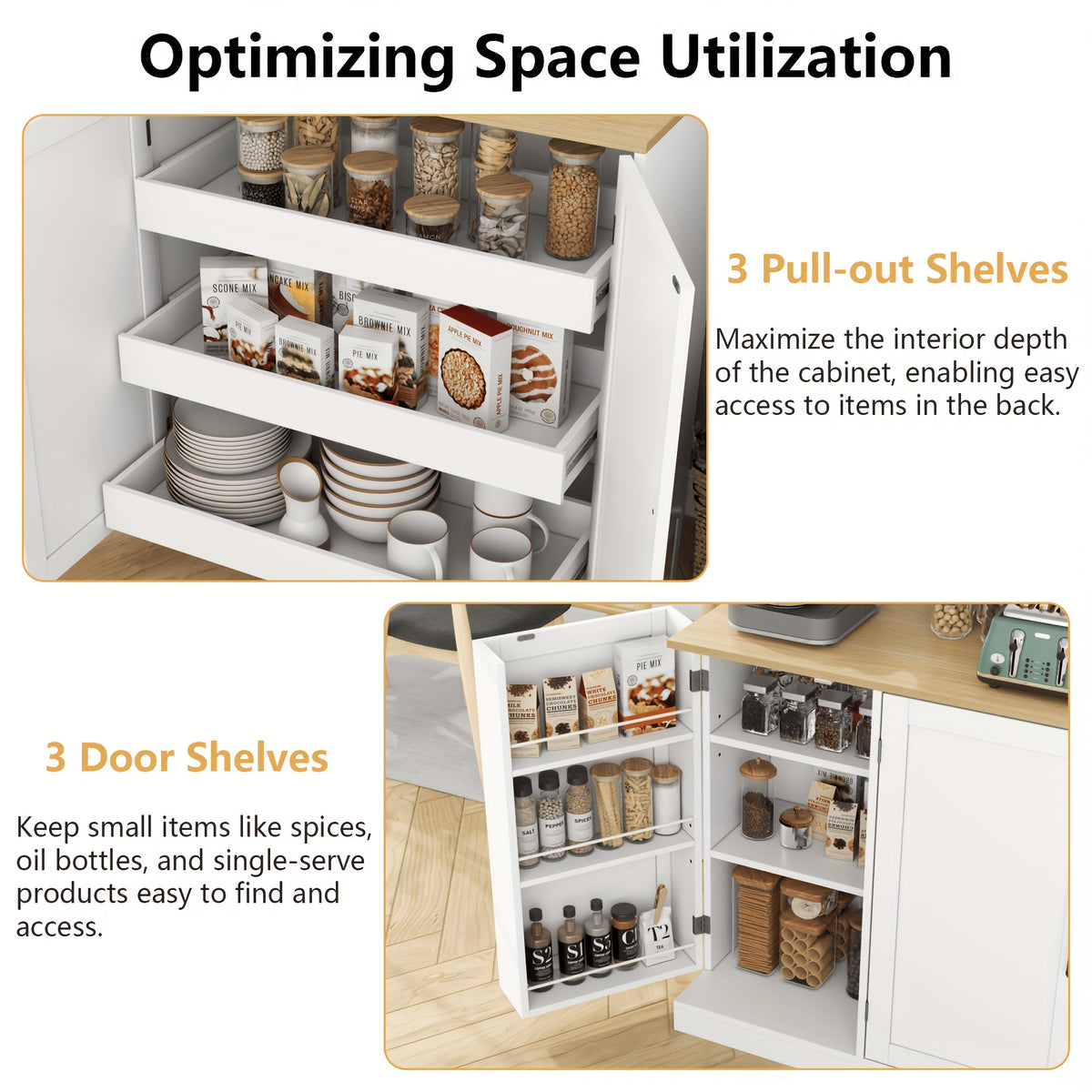 71-Inch Tall Kitchen Pantry Cabinet Featuring Three Pull-Out Drawers, Spacious Storage with Hutch And Door Shelves, And a Pantry Organizer That Includes a Microwave And Coffee Stand for The Dining Area, in White