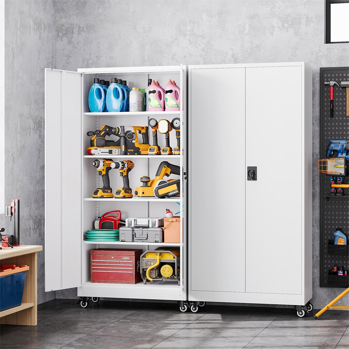 75-Inch Garage Storage Unit: Features 2 Doors, Wheels, 4 Adjustable Shelves, And a Lock. Ideal for Workshops, Homes, Or Offices. Sturdy And Easy to Move