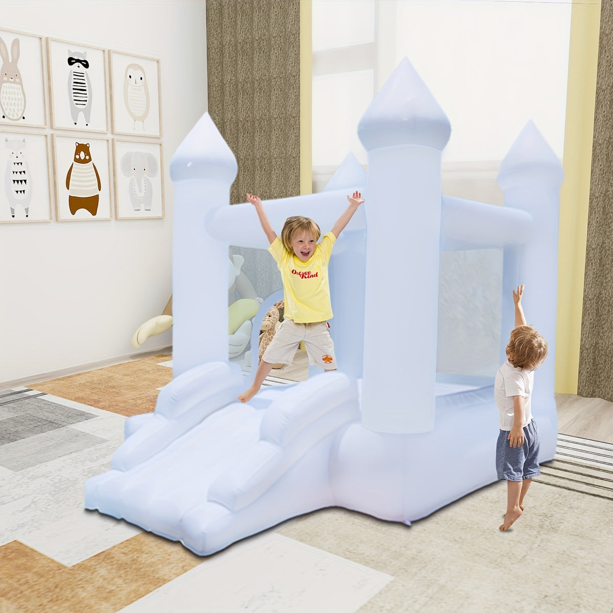 White Inflatable Castle, Suitable For Both Indoor And Outdoor Use, Equipped With A Blower, Ball Pit And Slide, Easy To Install, Suitable For Various Activities And Birthday Parties, Can Play For 2-3 Children.