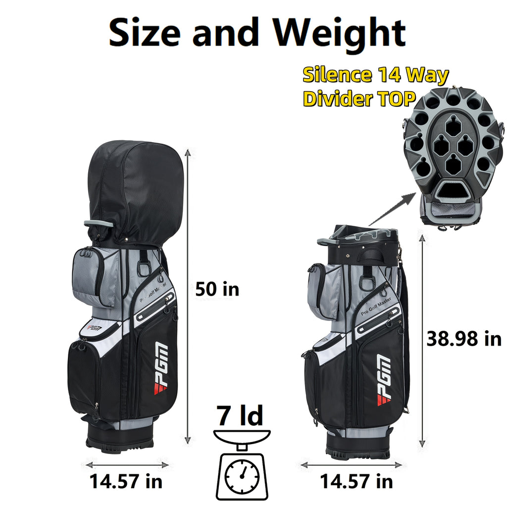 PGM Black Golf Cart Bag, 14 Way Silent Top Divider Premium Golf Bag with Ergonomic Handles & Rain Crove