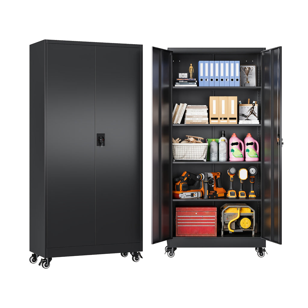 75-Inch Garage Storage Unit: Features 2 Doors, Wheels, 4 Adjustable Shelves, And a Lock. Ideal for Workshops, Homes, Or Offices. Sturdy And Easy to Move
