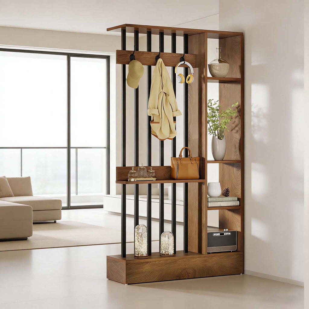 71' Wood Freestanding Room Divider, Wall Partition Bookcase with Shelves & Coat Hooks, Modern Decorative Screen for Home & Office, Brown