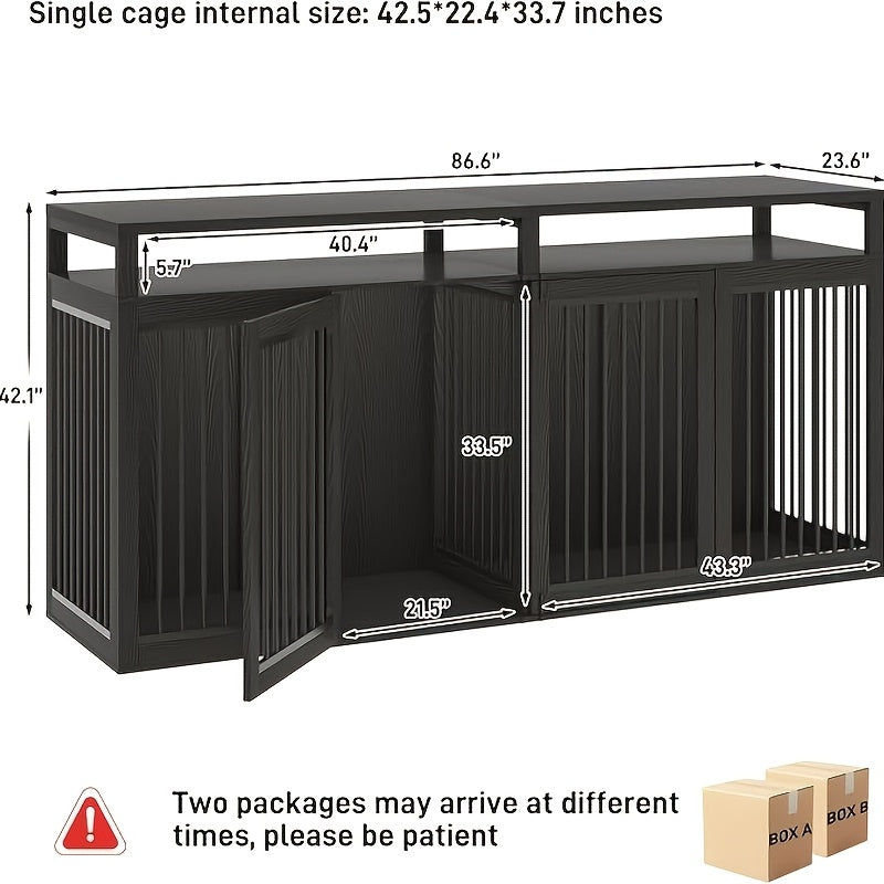 87In Farmhouse Style Dog Crate TV Stand | Wooden Dog Kennel Furniture with 2 Doors, Large Capacity for 2 Dogs, Solid Metal Tube & 4 Lockable Doors