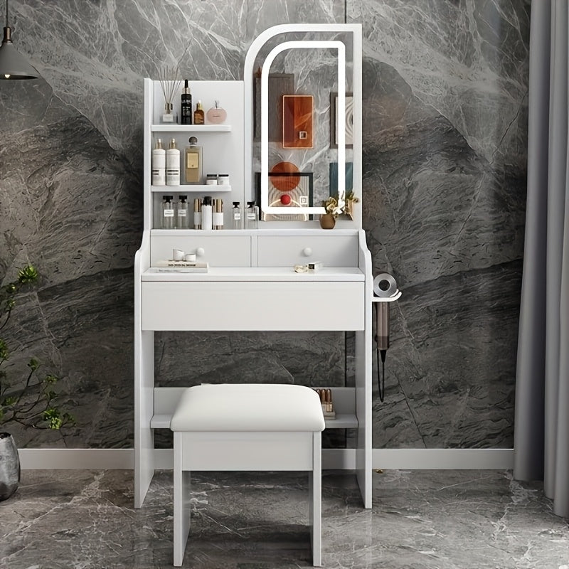 White Dressing Table with Sliding Mirror And Stool 4 Drawers Home High-End Bedroom Dressing Cabinet Integrated Small Apartment