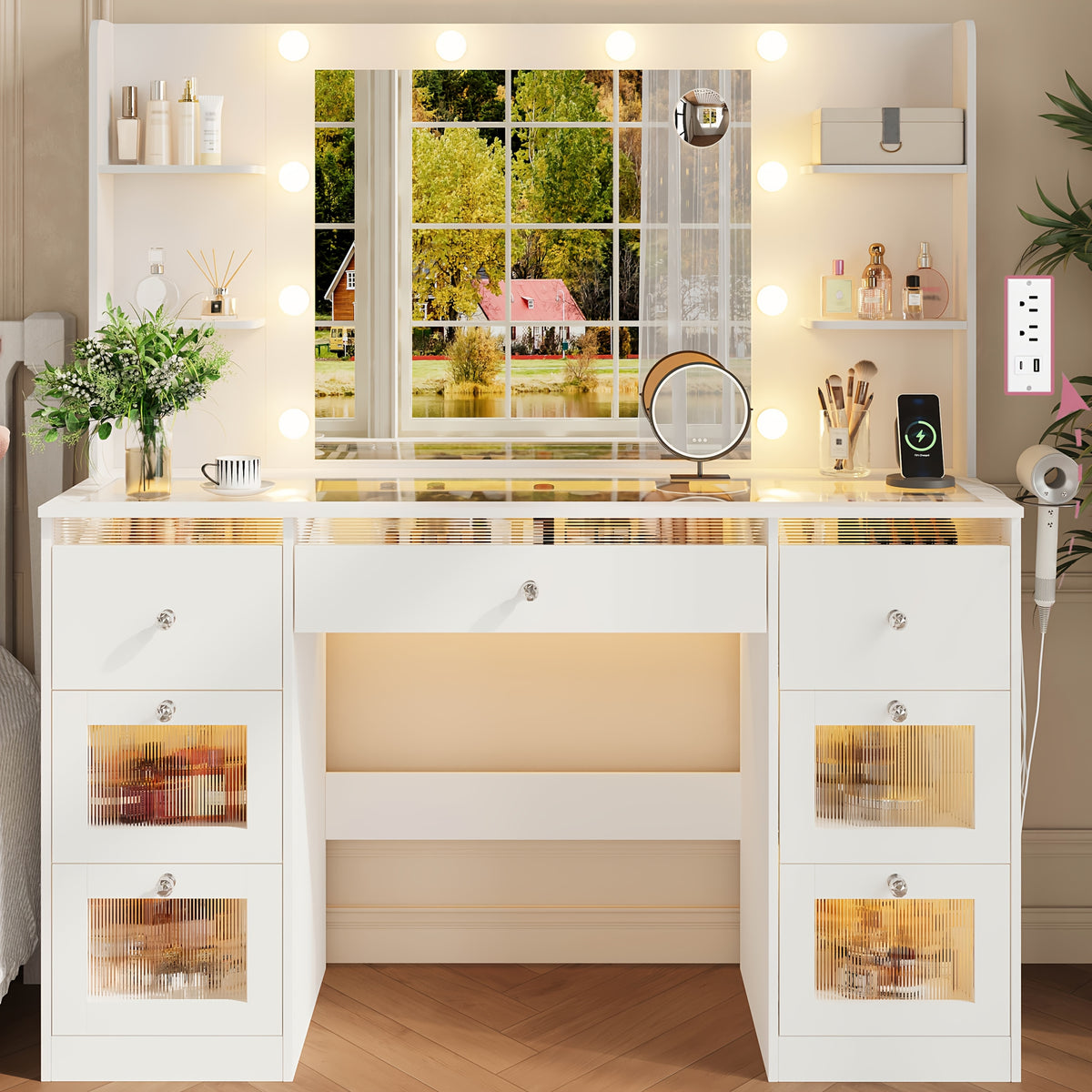 Makeup Vanity with 7 Lighted Drawers & 3-Color LED Mirror, Dressing Table with Glass Top, 4 Shelves for Huge Storage, Light White for Bedroom