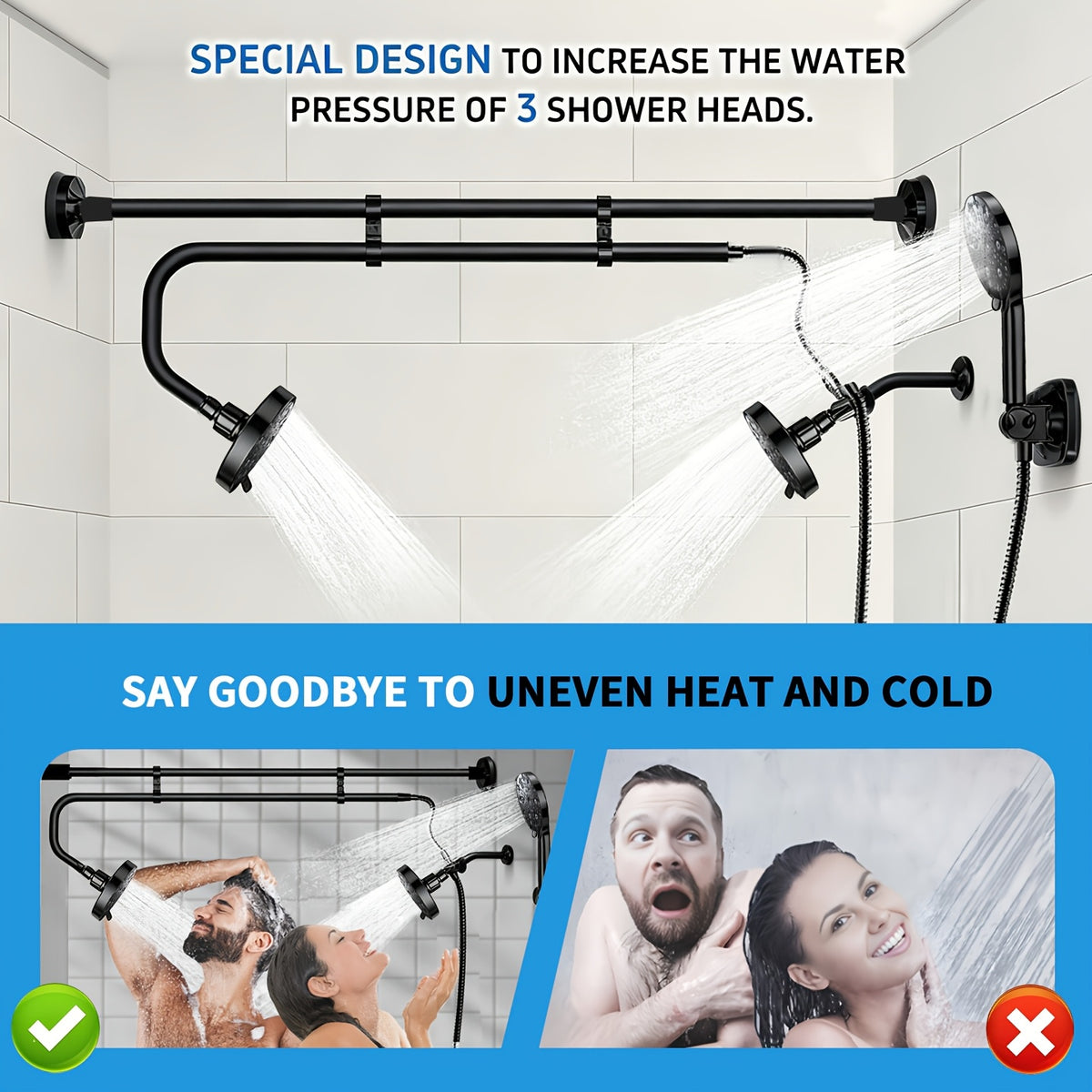 [Tandem Shower System] Dual Shower Heads for Couples - Tandem Shower System with Handheld Head, Triple Shower Head for Two People, High Pressure Adjustable Double and Handheld Shower Heads