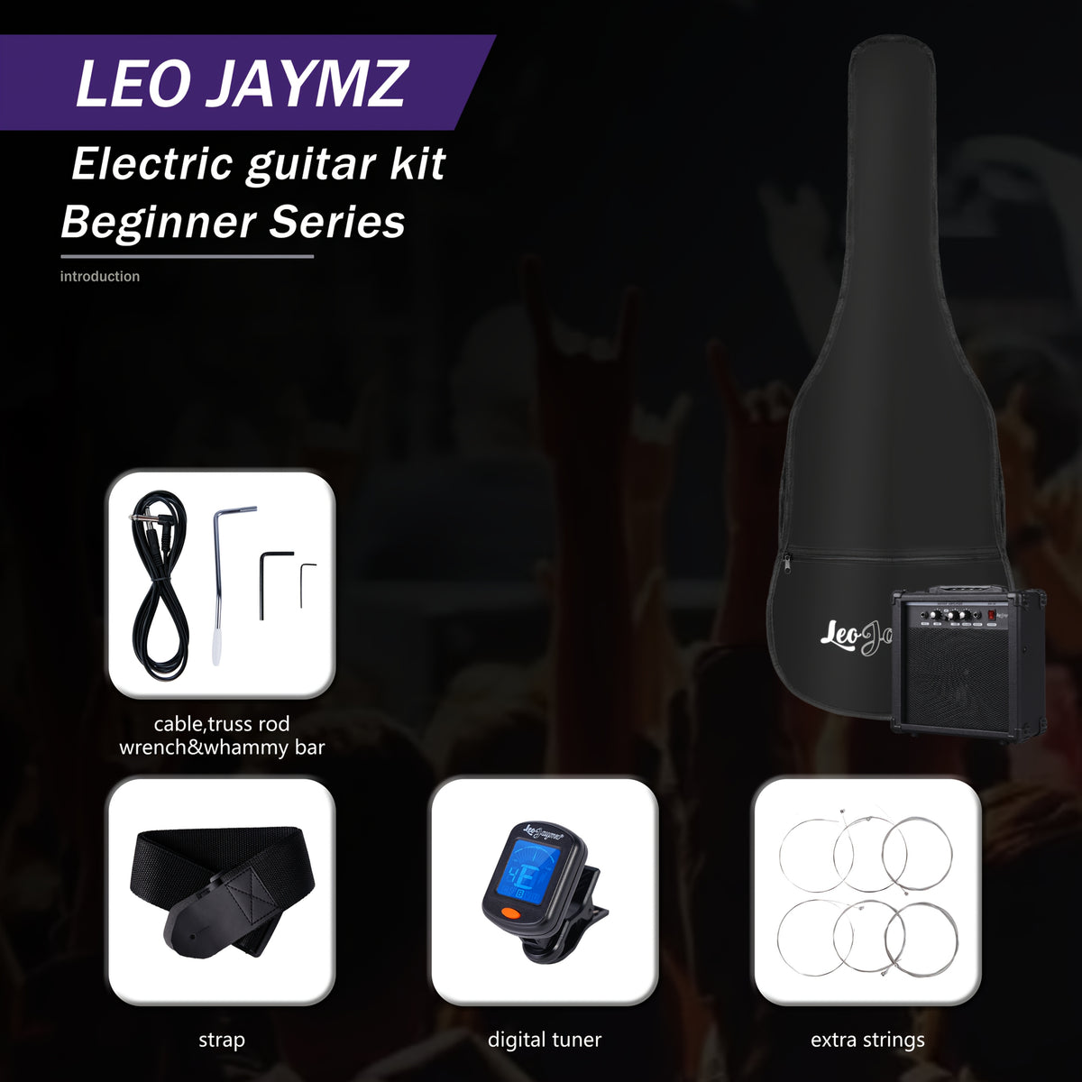 [Beginner Kit] Leo Jaymz 39 Inch Full Size Electric Guitar Kit Electric Guitar Beginner Kits - 20W Amplifier, Digital Tuner, Carrying Bag, Shoulder Strap, Connecting Cable