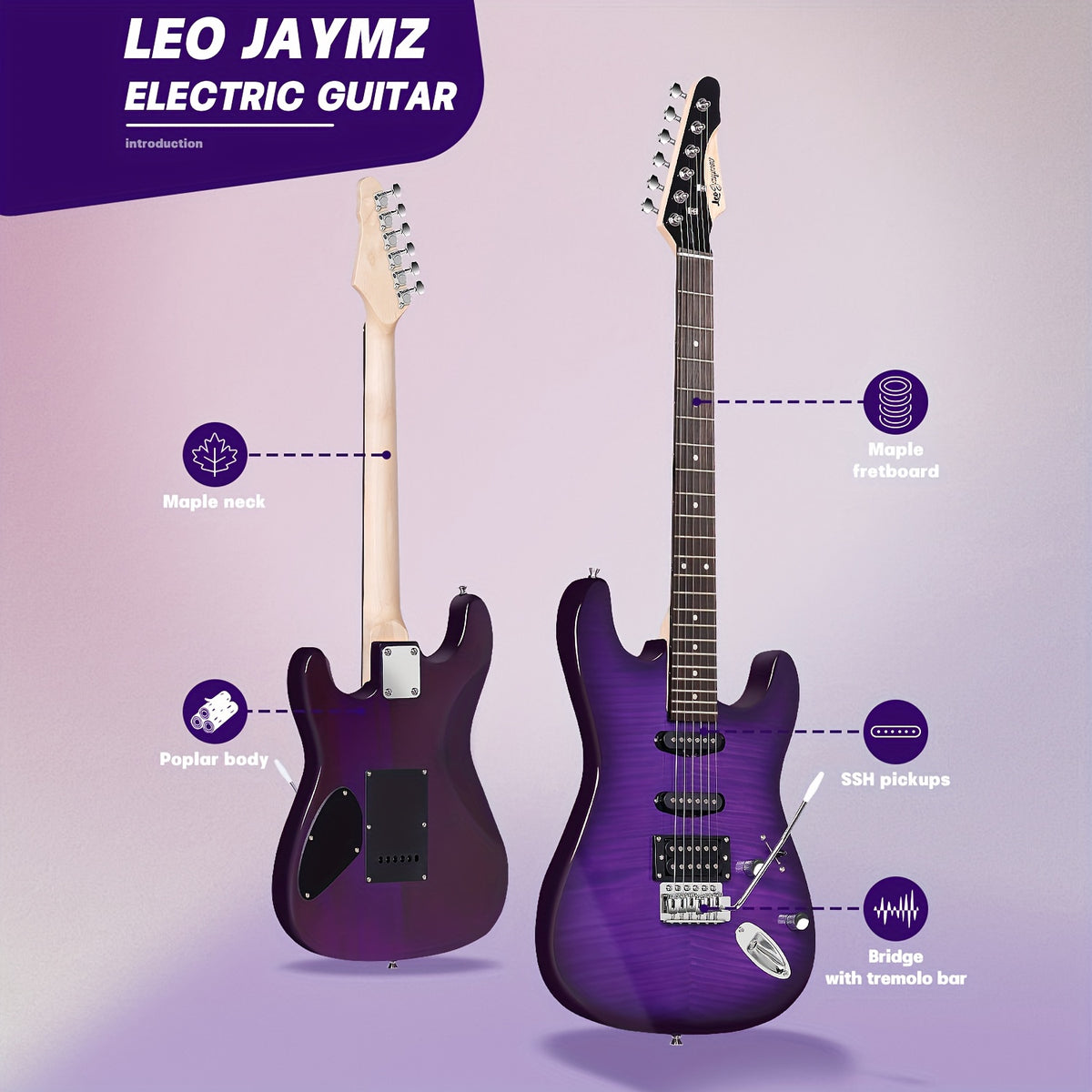 [Beginner Kit] Leo Jaymz 39 Inch Full Size Electric Guitar Kit Electric Guitar Beginner Kits - 20W Amplifier, Digital Tuner, Carrying Bag, Shoulder Strap, Connecting Cable