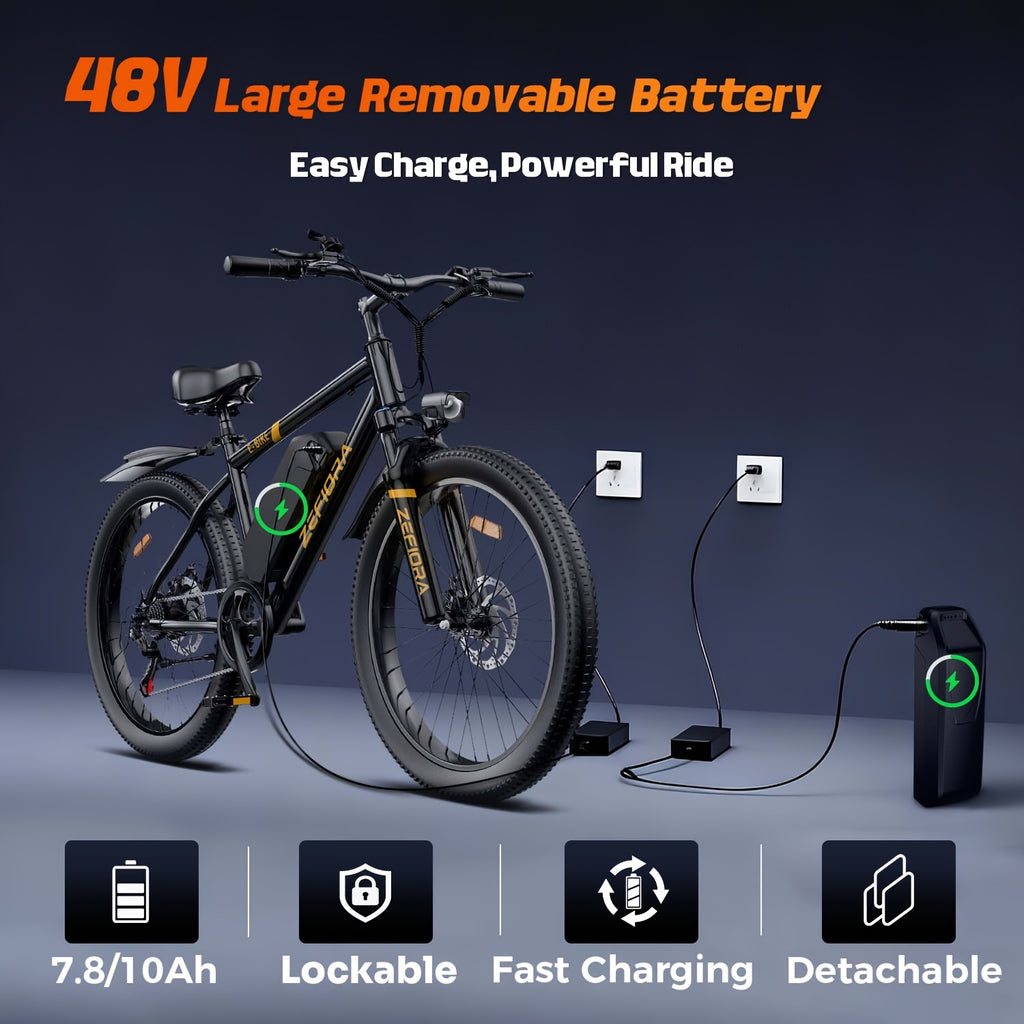 26" Electric Bike For Adults, 749W Motor, 48V 7.8/10AH Removable Battery, 25MPH Top Speed, 7-Speed Gears, Disc Brakes, Front Suspension, 26"2.1 All-Terrain Tires, LCD Display, Step-Over Commuter E-Bike, With Free Delivery From Local Warehouse