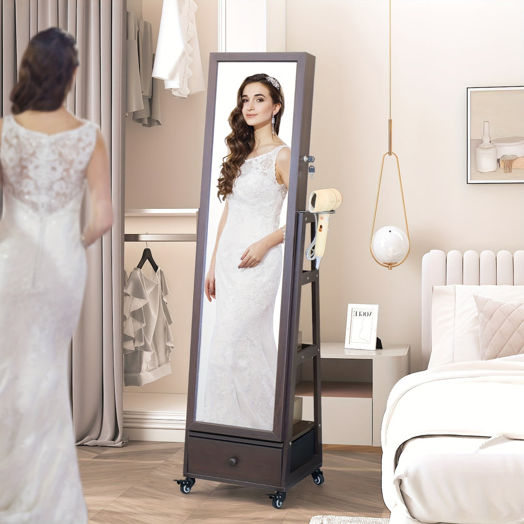 Mirror with Storage Jewelry Cabinet Standing Lockable Jewelry Organizer with Full-Length Mirror Storage Shelves Interior LED Mirror Jewelry Armoire with Wheels Hair Dryer Holder Christmas Gift, Jewelry Armoires
