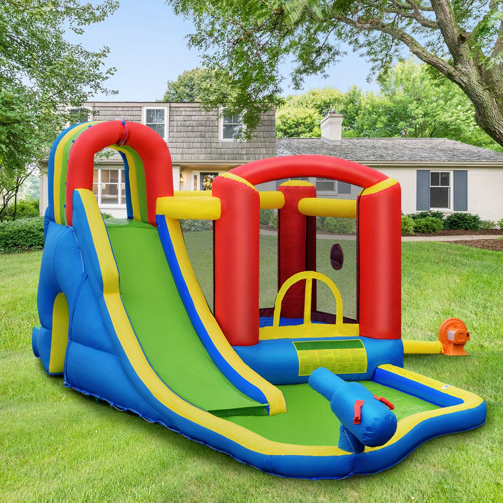 COSTWAY Inflatable Water Slide Park, Inflatable Bounce House W/ Mighty Splash Pool, Climbing Wall, Trampoline &Water Cannon, Jumping Castle for Kid Aged 3-10, Including Carry Bag, Repairing Kit, Stakes, Hose, Ball Pit, 740W Air Blower
