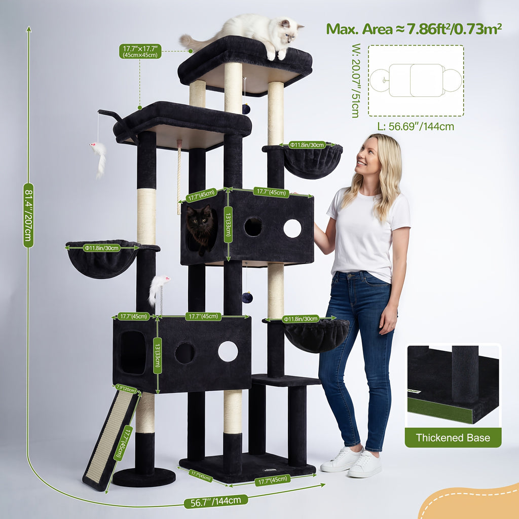 Globlazer 81 Inch Heavy-Duty Multi-Level Cat Tree Tower Suitable for Large Cats & Maine Coon, 2 Condos, 7 Sisal Posts with Scratching Board, 3 Hammocks, Beige Cat Furniture for 4+ Cats, Climbing Activity for Kittens