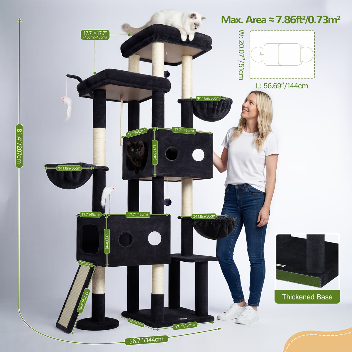 Globlazer 81 Inch Heavy-Duty Multi-Level Cat Tree Tower Suitable for Large Cats & Maine Coon, 2 Condos, 7 Sisal Posts with Scratching Board, 3 Hammocks, Beige Cat Furniture for 4+ Cats, Climbing Activity for Kittens