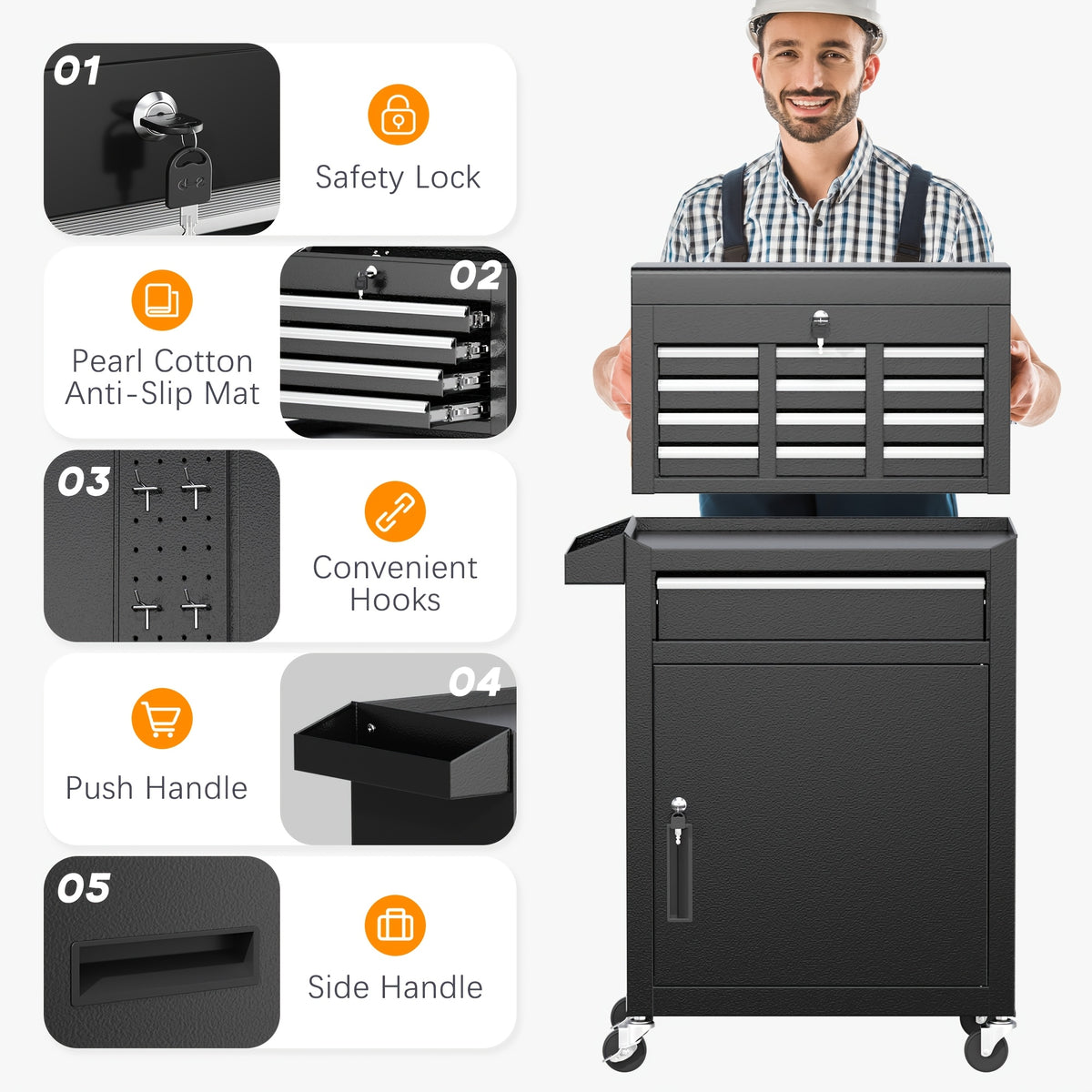 Versatile 5-Drawer Rolling Tool Chest with Detachable Top Tool Box, Tool Storage Cabinet with Universal Lockable Wheels, 2 in 1 Metal Tool Cart for Home Office, Garage, Warehouse, Workshop, Barbershop