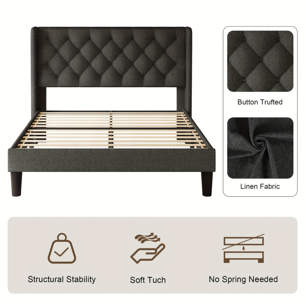 Valnase Modern Style Platform Bed Frame with 24"H Button Tufted Headboard, Solid Wood Slats Support, Artistic Legs Design - Dark Grey/Light Grey/Black Linen & White Velvet Options, Bed Frame for Home Bedroom