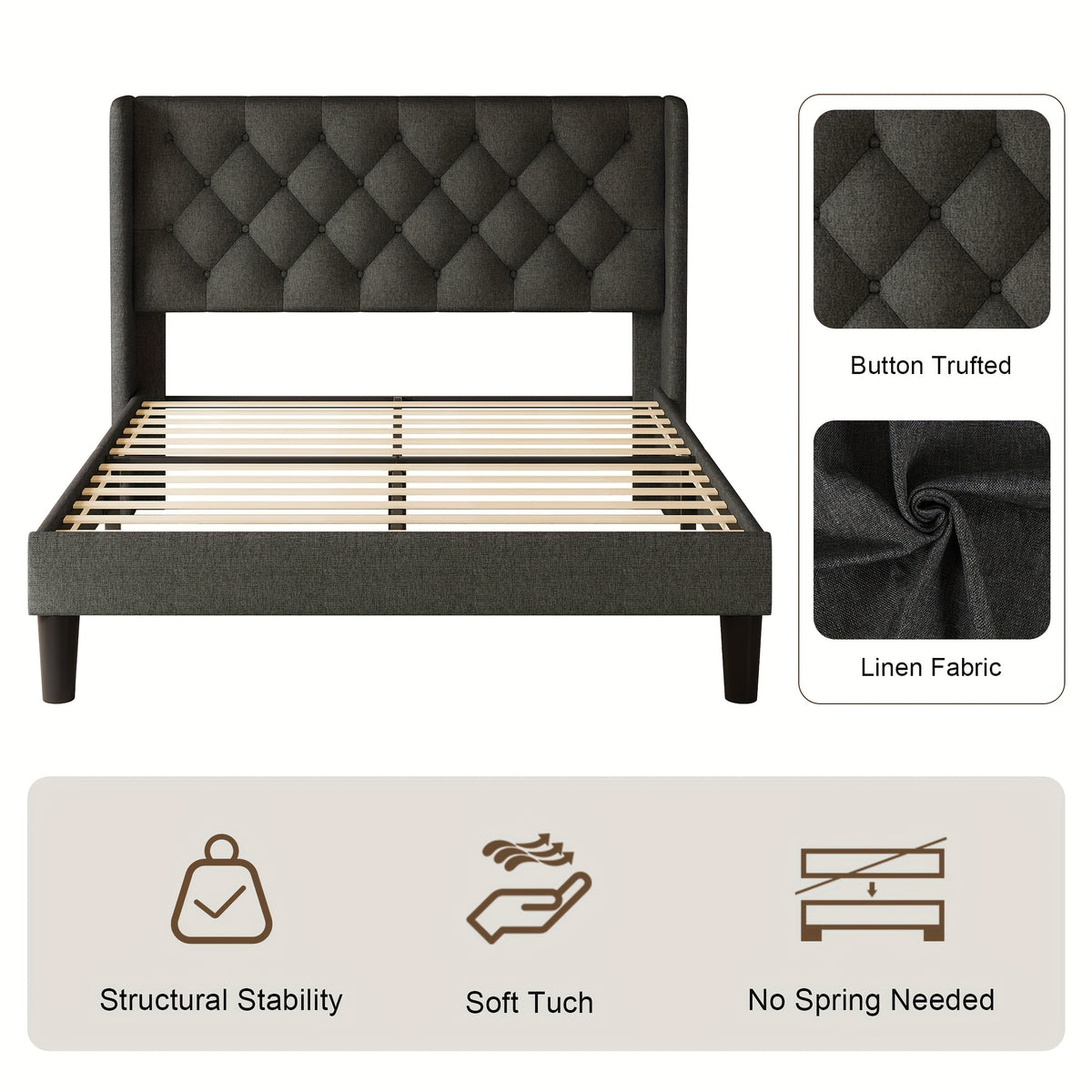 Valnase Modern Style Platform Bed Frame with 24"H Button Tufted Headboard, Solid Wood Slats Support, Artistic Legs Design - Dark Grey/Light Grey/Black Linen & White Velvet Options, Bed Frame for Home Bedroom