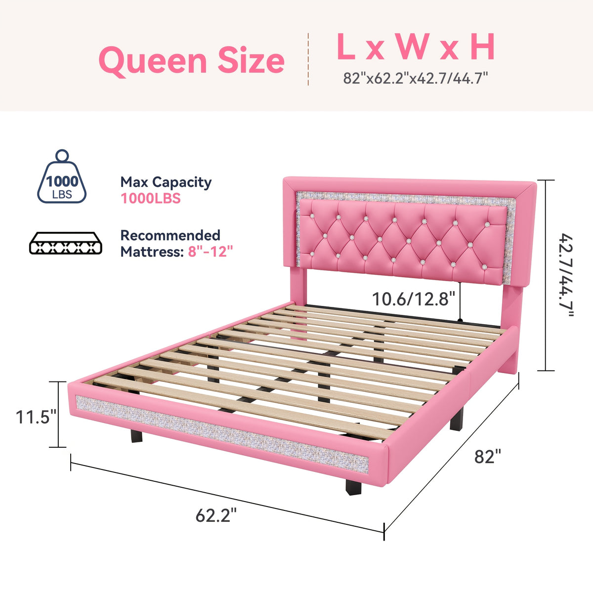 MRAEER Diamond Quilted Velvet Silent Full/Queen Bed Frame | LED Lights, Diamond Quilted Footboard, Adjustable Headboard, No Mattress Required, Easy Assembly, Available in Pink/White/Black, Powered, Contemporary Style, Christmas Gift
