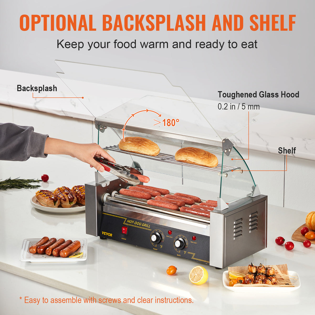 VEVOR Hot Dog Roller 5 Rollers 12 Hot Dogs /7 Rollers 18 Hot Dogs Capacity, Stainless Sausage Grill Cooker Machine with Dual Temp Control Glass Hood Acrylic Cover Bun Warmer Shelf Removable Oil Drip Tray