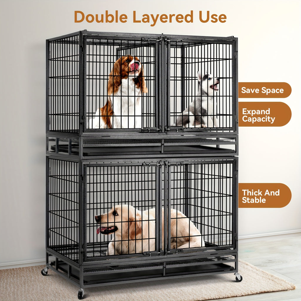 TOWALKER 48 Inch Heavy Duty Dog Crate, Indestructible Metal Wire Dog Crate, Folding Design Dog Kennel, Stackable Feature Dog Cage, XXL for Large Dogs, Sturdy Locks Design/Double Door with Wheels/Removable Tray